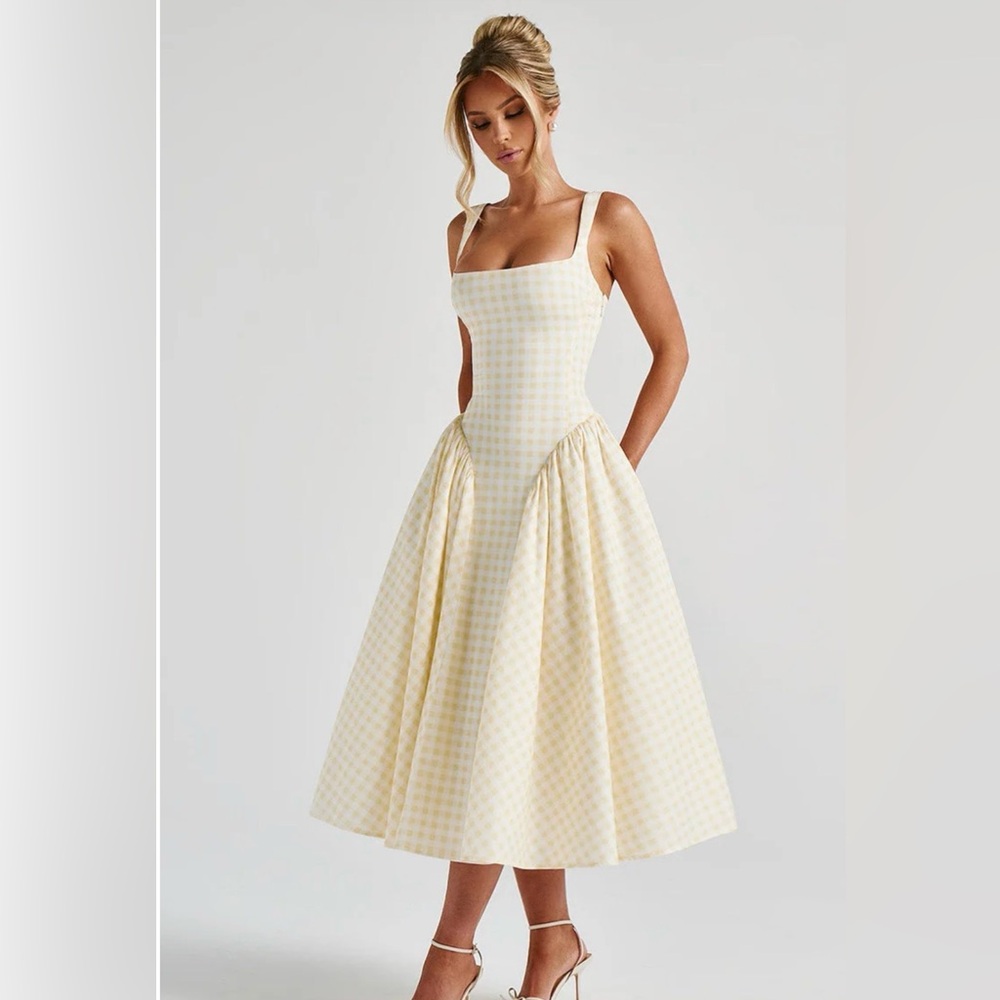 Sherrie Square Neck Lemon Gingham Midi Dress